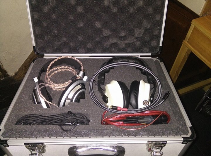 InEarSpace: "Inside of my headphone travel case. On the left are my Sennheiser HD800 with the plusSound Exo Copper for Astell&Kern MQS Portable System AK240 connected and the stock cable underneath and on the right is the ZMF Headphones V2 with its stock cable and a Nordost Cables Heidmall2 for HD800 beneath it!"