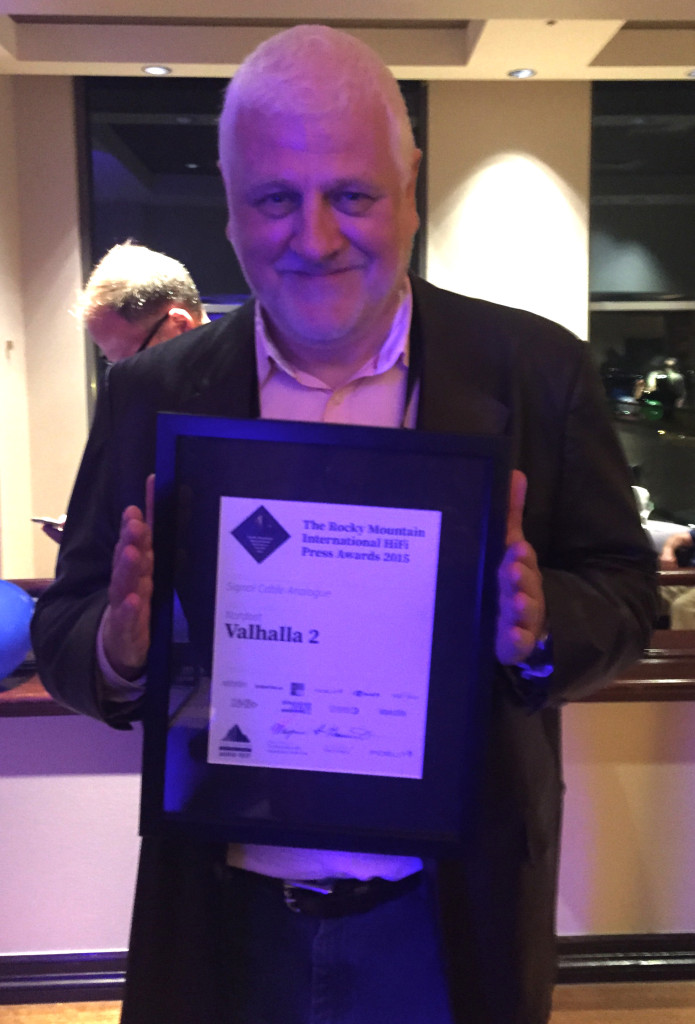 Nordost President Joe Reynolds proudly accepting the Signal Cable Analogue Award for Valhalla 2!