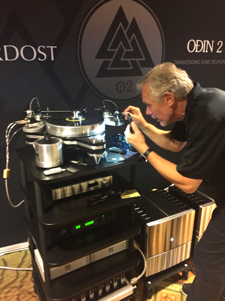 Mike Marko adjusts the VPI Avenger Turntable (wired with Nordost internal tonearm cable!)